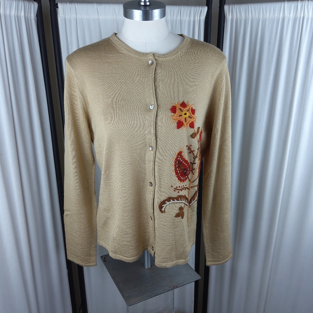 Bob‎ Mackie Medium Autumn Wool Blend Sweater Cardigan Leaf Embroidery Tan/Brown